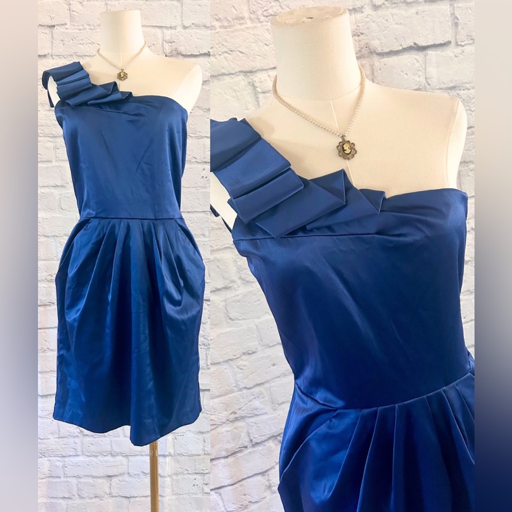 Charlotte Russe Evening Dress w POCKETS Blue One-Shoulder Ruffle Cocktail Party
